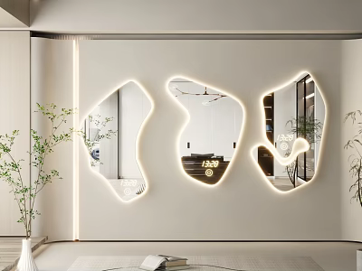 Modern Interior With Backlit Irregular Shaped Mirrors On Wall And Plants 3d model