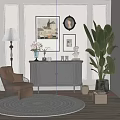 Stylish Dark Entryway Console Cabinet with Floral Vase Framed Art Statue and Large Green Plant
