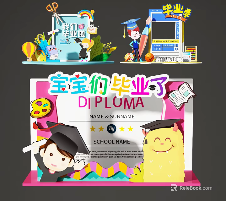 Cute Baby Graduation Photo Spot With Diploma Cap And Cartoon Characters 3d model 