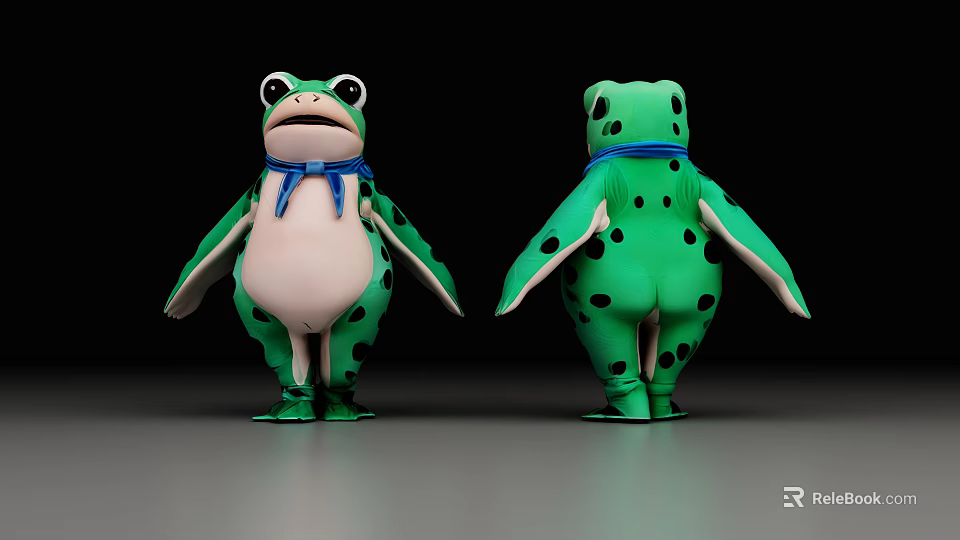 Green Frog Sculpture With Blue Bow Tie And Black Spots 3D Model Front Back Views 3d model 
