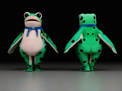 Green Frog Sculpture With Blue Bow Tie And Black Spots 3D Model Front Back Views 3d model