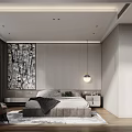 Modern Bedroom Interior Design With Gray Bed Abstract Wall Art Wooden Floor And Pendant Lamp