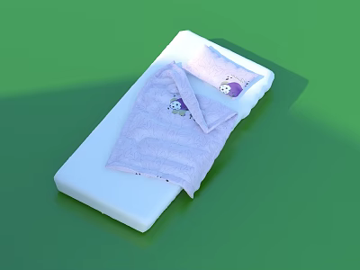 White Mattress With Light Purple Quilt And Cartoon Pattern Pillow On Green Background 3d model