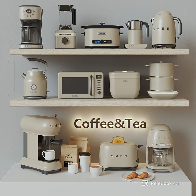 Beige Kitchen Appliances Including Coffee Maker Microwave Toaster And Tea Kettle 3d model 