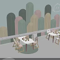 Colorful Arch Pattern Wall For Kids Room With Playful Tables Chairs And Building Blocks