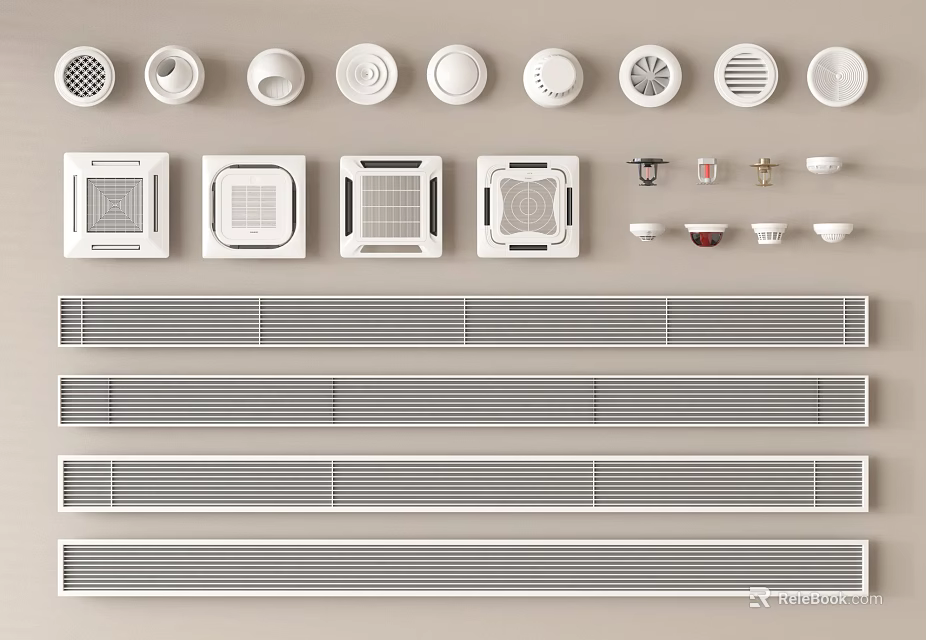 Different Air Conditioner Vents Designs Including Round Square And Linear Grilles 3d model