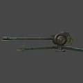 Vintage Green Cannon With Long Barrel Wheeled Carriage And Old Metal Structure
