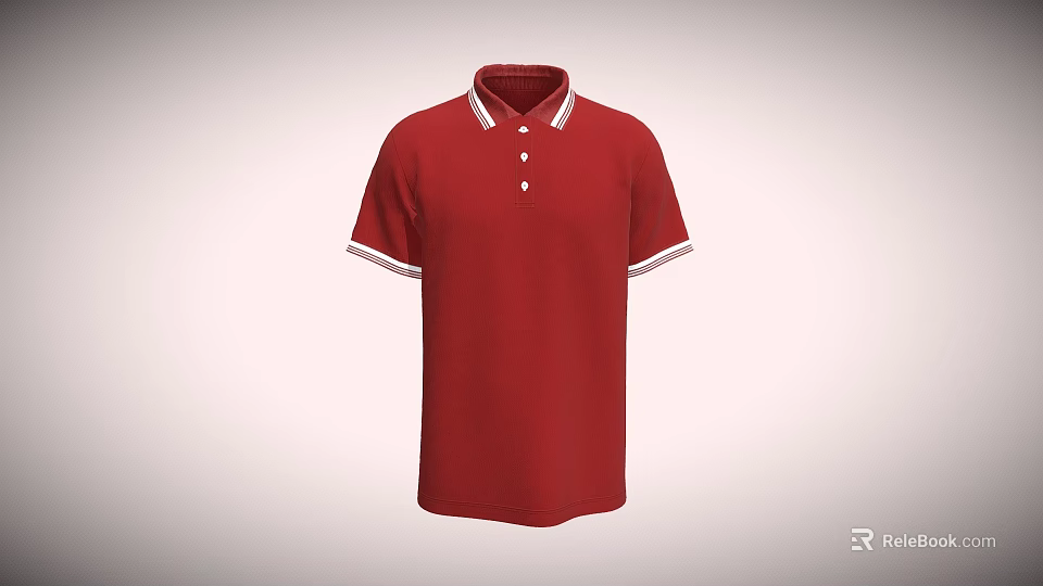 Red Short Sleeve Polo Shirt With White Collar Cuff Trim And Buttons 3d model 