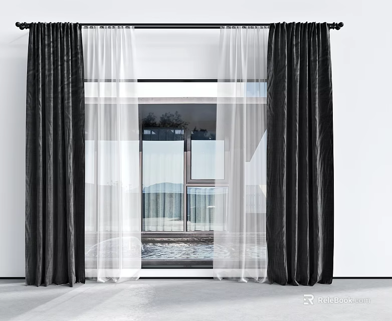 Black Thick Curtains With White Sheer Layer For Modern Window Decoration 3d model