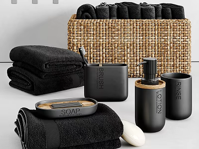 Black Bathroom Essentials Including Towels Woven Basket Soap Dish And Lotion Bottle 3d model