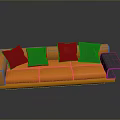 Modern Orange Sofa With Four Black Cushions And Small Square Gray Ottoman