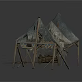 Old Tent Structure with Wooden Frame Torn Fabric Broken Parts and Scattered Planks