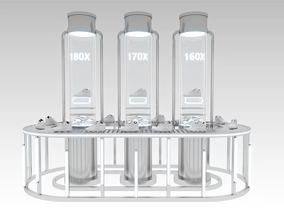 Transparent Cylindrical Containers With 180X 170X 160X Labels On Circular Display Stand 3d model
