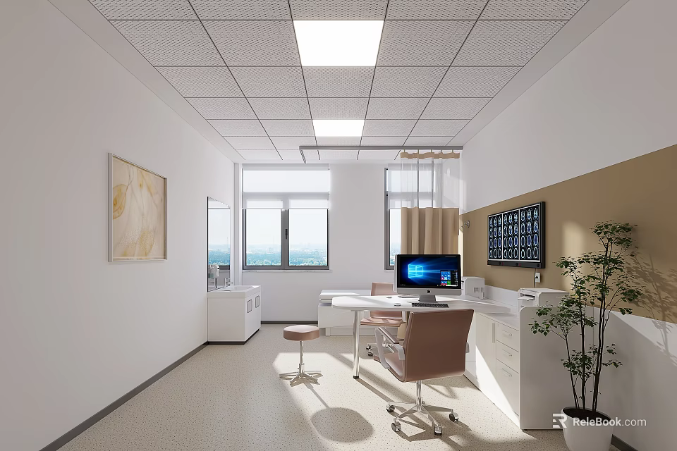 Modern Medical Office Interior With White Walls Ceiling Lights Desk And Computer 3d model 