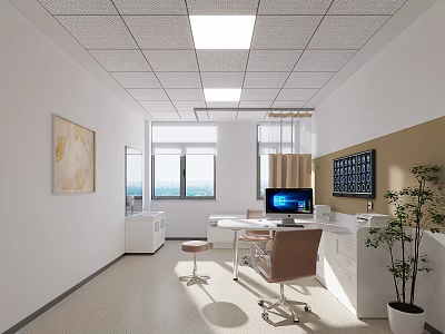 Modern Medical Office Interior With White Walls Ceiling Lights Desk And Computer 3d model