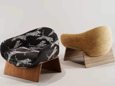 Two Modern Accent Chairs With Black Leopard Print And Beige Upholstery On Wooden Base 3d model