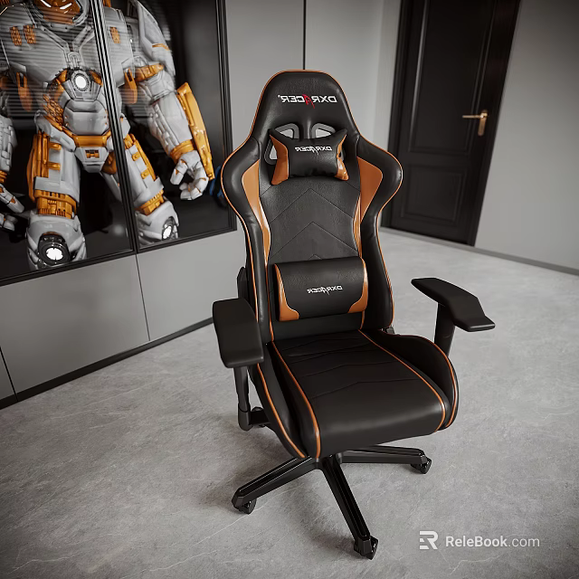 Ergonomic Office Chair With Black And Orange Leather Upholstery Armrests And Rolling Base 3d model 