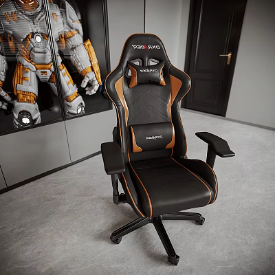 Ergonomic Office Chair With Black And Orange Leather Upholstery Armrests And Rolling Base 3d model