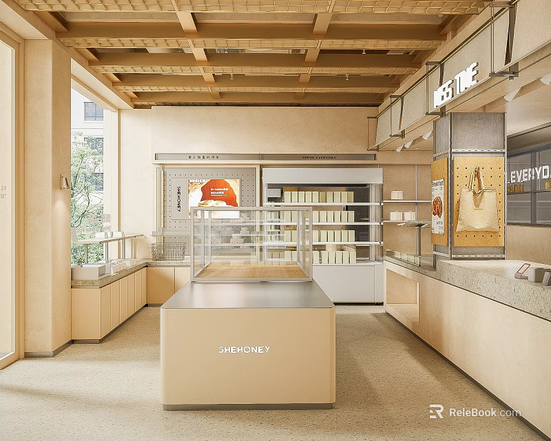 Modern Dessert Shop Interior With Wooden Ceiling Glass Display Cases And Pastry Shelves 3d model 