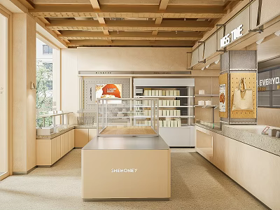 Modern Dessert Shop Interior With Wooden Ceiling Glass Display Cases And Pastry Shelves 3d model