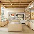 Modern Dessert Shop Interior With Wooden Ceiling Glass Display Cases And Pastry Shelves