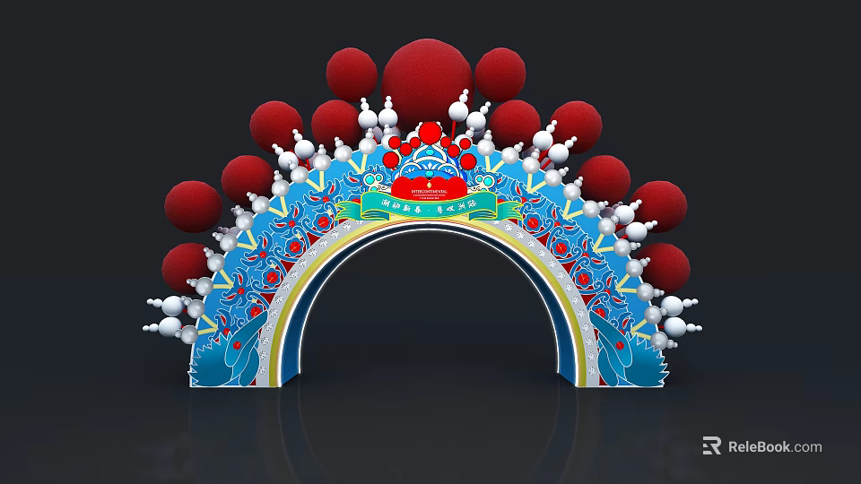 Traditional Chinese Decorative Archway With Red Balls Blue Patterns White Ornaments And Dragon Designs 3d model 