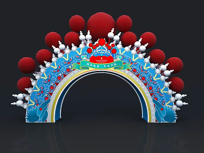 Traditional Chinese Decorative Archway With Red Balls Blue Patterns White Ornaments And Dragon Designs 3d model