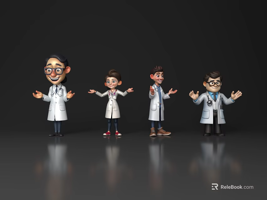 Four Cartoon Doctor Characters in White Coats with Open Arms 3d model 