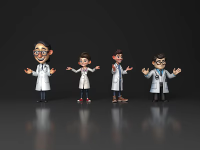 Four Cartoon Doctor Characters in White Coats with Open Arms 3d model