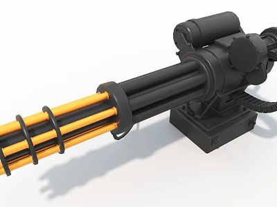 Multi Barrel Industrial Equipment With Black Mechanical Structure Yellow Barrels And Stable Base 3d model