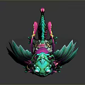 Vibrant Fantasy Creature Character With Green Feathered Body Pink Antennae And Colorful Details