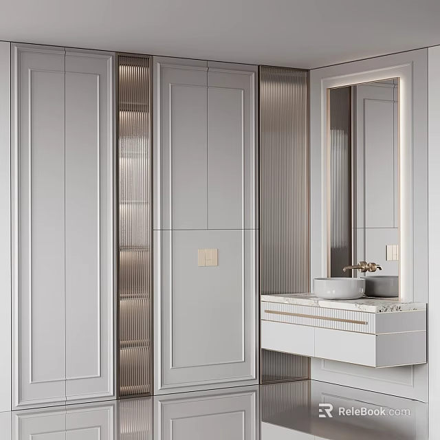 Modern Elegant Bathroom Vanity With White Cabinets Mirror Marble Countertop And Soft Lighting 3d model 
