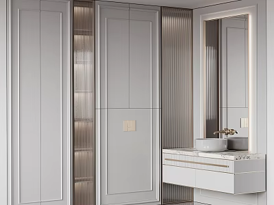 Modern Elegant Bathroom Vanity With White Cabinets Mirror Marble Countertop And Soft Lighting 3d model