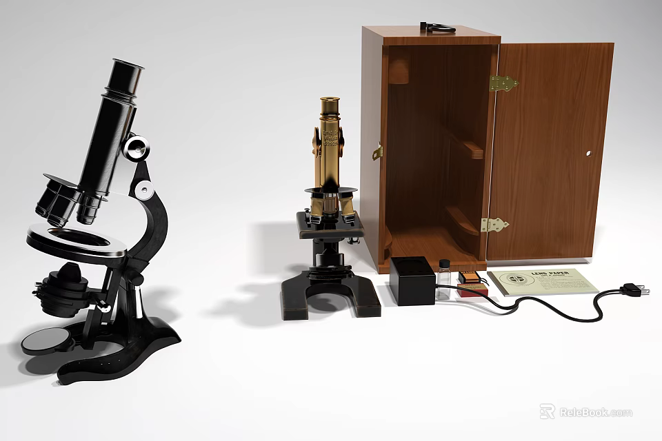 Medical Laboratory Microscopes With Wooden Storage Cabinet And Accessories 3d model 