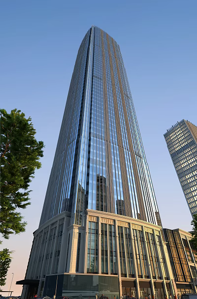 Modern High rise Office Building With Glass Curtain Wall And Urban Surroundings 3d model