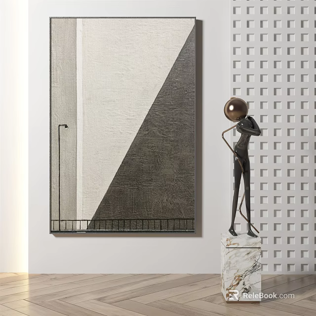 Abstract Geometric Wall Art With Modern Sculpture Decor On Grid Pattern Wall 3d model