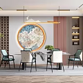 Modern Restaurant Interior With Circular Decorative Painting Dining Table Chairs Pendant Lights And Plant
