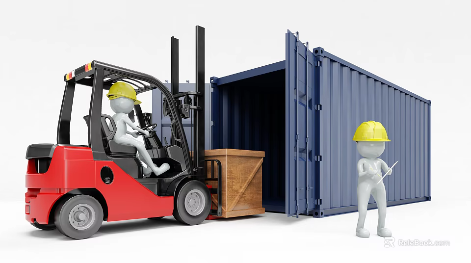 Worker With Yellow Hard Hat Guiding Forklift Loading Cargo Into Container 3d model