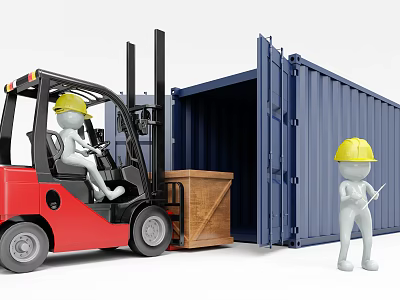 Worker With Yellow Hard Hat Guiding Forklift Loading Cargo Into Container 3d model