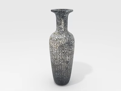 Fresh Green Plants Displayed In Slender Gray Black Crackle Textured Vase 3d model