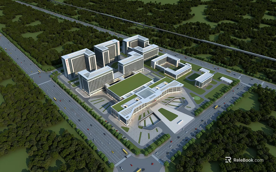 Modern Hospital Building Complex With Entrance Plaza And Surrounded By Green Trees 3d model 