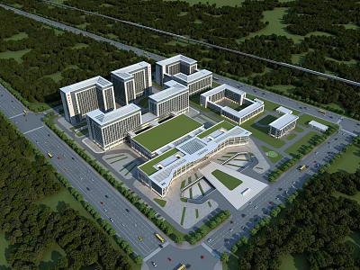 Modern Hospital Building Complex With Entrance Plaza And Surrounded By Green Trees 3d model