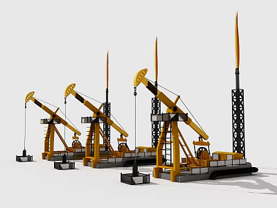 Industrial Equipment Yellow Oil Pump Jacks With Mechanical Arms And Metal Frames 3d model