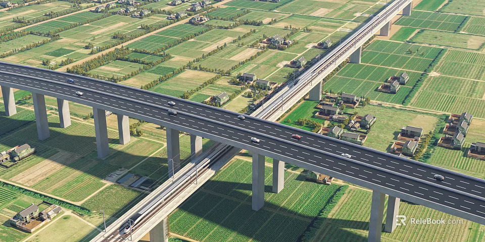 Elevated Highway Infrastructure With Multi level Viaducts Green Farmland Rural Villages And Vehicles 3d model 