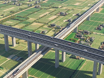 Railway high-speed rail viaduct highway infrastructure construction site cross-railway expressway interchange overpass approach bridge ramp expressway 3d model