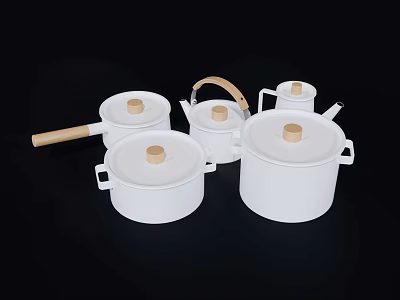 White Cookware Set with Wooden Handles and Knobs in Various Sizes 3d model