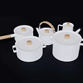 White Cookware Set with Wooden Handles and Knobs in Various Sizes