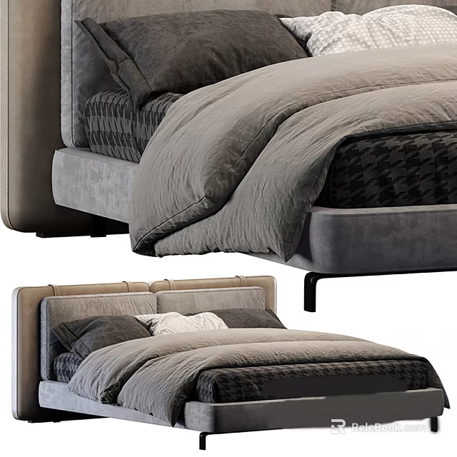 Minimalist Modern Double Bed With Soft Gray Bedding Comfortable Headboard And Pillows 3d model 