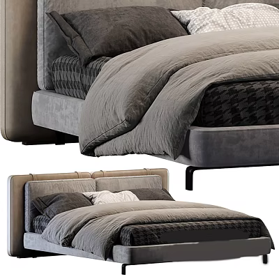 Minimalist Modern Double Bed With Soft Gray Bedding Comfortable Headboard And Pillows 3d model