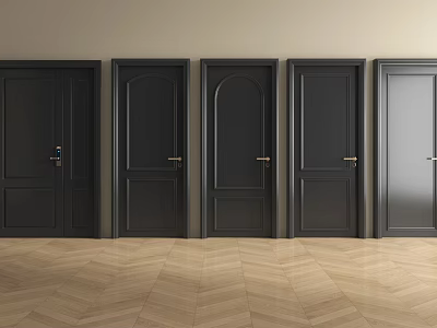 Black Security Doors With Five Different Designs Against Light Colored Wall And Wooden Floor 3d model